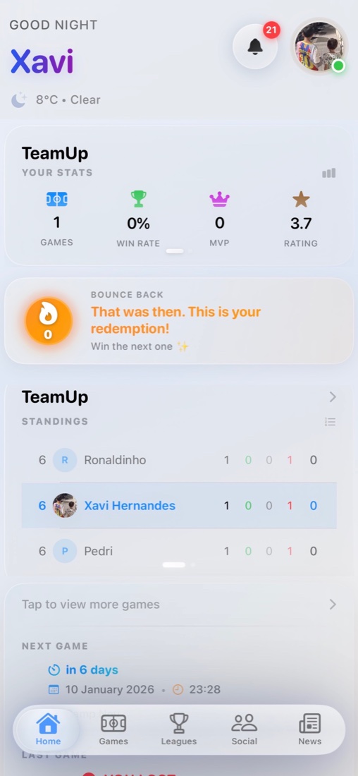 TeamsUp app — Home